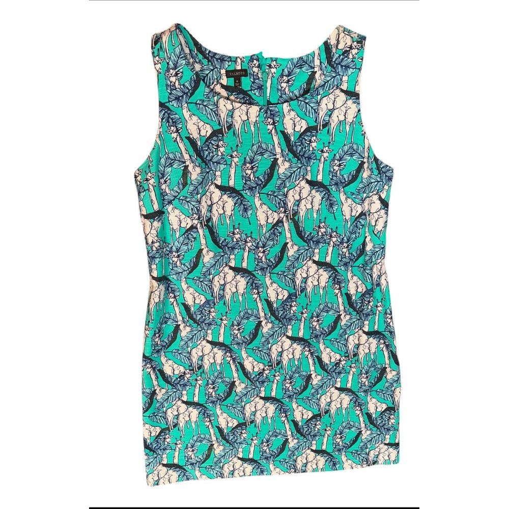 TALBOTS Dress Womens Sz 16 Giraffe Leafs Shift Sheath Turquoise Aqua Navy White